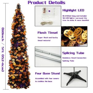 Halloween Pumpkin Tree with 50 Lights,5ft Pop Up Pencil Collapsible Tinsel Halloween Christmas Trees Decorations Indoor for Home Door Porch Bedroom Decor Holiday Party,WOKEISE