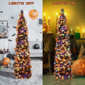 Halloween Pumpkin Tree with 50 Lights,5ft Pop Up Pencil Collapsible Tinsel Halloween Christmas Trees Decorations Indoor for Home Door Porch Bedroom Decor Holiday Party,WOKEISE