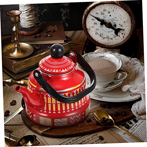 Retro Enamel Teakettle Teapot Green Tea Kettle Enamel Tea Kettle Tea Kettles Stovetop Tea Supply Stovetop Tea Kettle Red Handle Ancient Clock Handle Stovetop Kettle