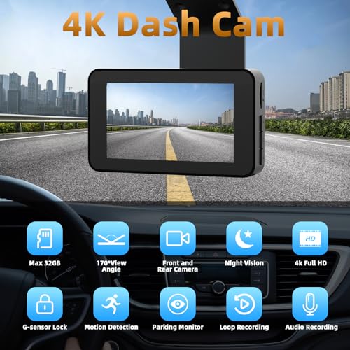 Dash Cam Front and Rear, 4K Full HD Dashcam for Cars,170°Wide Angle Dashboard Cameras with 3 Inches, Super Night Vision, G-Sensor, Loop Recording, 24 Hours Parking Monitor with 32GB Card