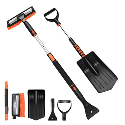 6 in 1 Snow Brush, Extendable Snow Shovel for Car, 46'' Ice Scraper & Squeegee with Foam Grip for Driveway, Detachable Snow Removal Broom for Auto SUV Truck Window