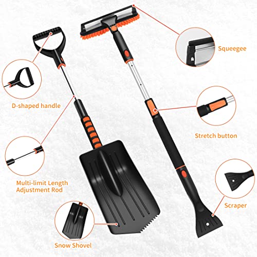 6 in 1 Snow Brush, Extendable Snow Shovel for Car, 46'' Ice Scraper & Squeegee with Foam Grip for Driveway, Detachable Snow Removal Broom for Auto SUV Truck Window