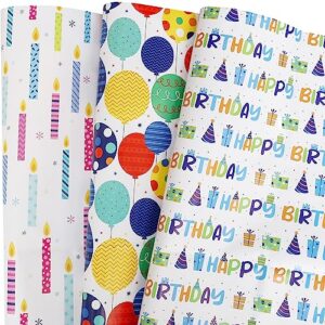 bulkytree birthday wrapping paper for boys girls kids men women holiday birthday party - 3 large sheets colorful balloon 'happy birthday' birthday candles gift wrap - 27 inch x 39.4 inch per sheet