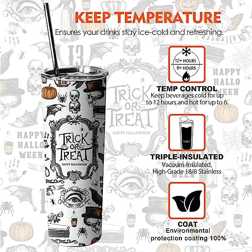 Mosdeim Halloween Tumbler 20 oz Travel Holiday Coffee Mug Vintage Pumpkin Skinny Tumblers with Lid and Straw Stainless Steel Insulated Coffee Cups Halloween Gifts for Women Girls