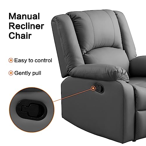 COOSLEEP Genuine Leather Recliner Chair with Overstuffed Arm and Back,Soft Living Room Chair Home Theater Lounge Seat,Manual Reclining Chairs for Adults (Dark Grey)