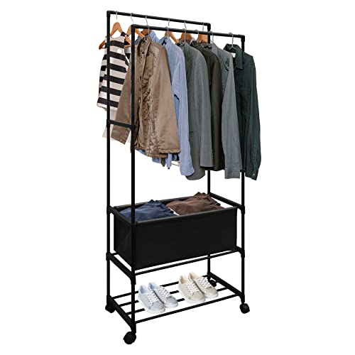 Double Rod Garment Rack, Rolling Clothes Rack, Industrial Pipe Hanging Clothes Rack with Wheels and Bottom Shelf, Freestanding Clothing Rack, Garment Rack Shoe Clothing Organizer Shelves (Black)