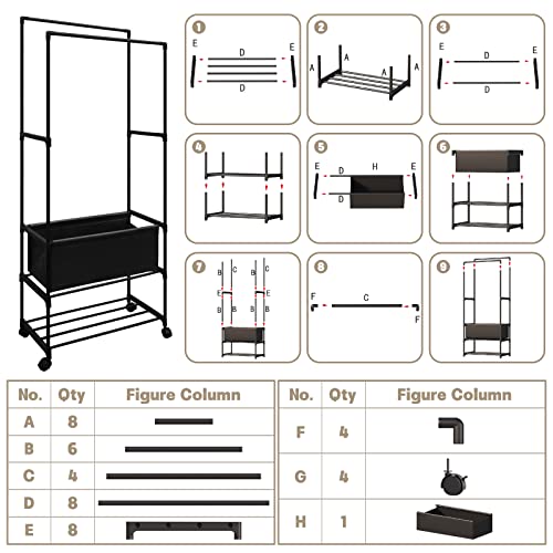 Double Rod Garment Rack, Rolling Clothes Rack, Industrial Pipe Hanging Clothes Rack with Wheels and Bottom Shelf, Freestanding Clothing Rack, Garment Rack Shoe Clothing Organizer Shelves (Black)