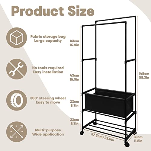 Double Rod Garment Rack, Rolling Clothes Rack, Industrial Pipe Hanging Clothes Rack with Wheels and Bottom Shelf, Freestanding Clothing Rack, Garment Rack Shoe Clothing Organizer Shelves (Black)