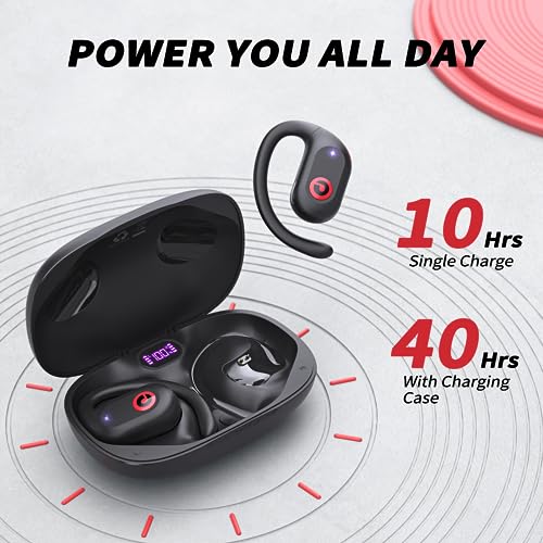 PSIER Open Ear Headphones, Wireless Earbuds 40Hrs Battery Life with LED Digital Display Bluetooth 5.3 Headphones Premium Stereo Sound Open Ear Earbuds with Earhooks Workout Headphones