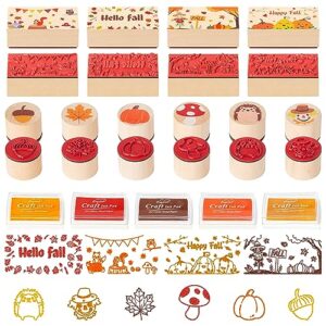 cuweipeng 15pcs fall wooden rubber stapms autumn diy craft card stamps pad pumpkin rubber stamps ink pads set for kids autumn party gift favor birthday gift classroom card scrapbooking making supplies