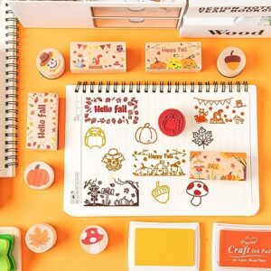 CUweipeng 15Pcs Fall Wooden Rubber Stapms Autumn DIY Craft Card Stamps Pad Pumpkin Rubber Stamps Ink Pads Set for Kids Autumn Party Gift Favor Birthday Gift Classroom Card Scrapbooking Making Supplies