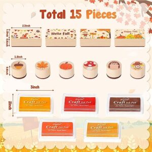 CUweipeng 15Pcs Fall Wooden Rubber Stapms Autumn DIY Craft Card Stamps Pad Pumpkin Rubber Stamps Ink Pads Set for Kids Autumn Party Gift Favor Birthday Gift Classroom Card Scrapbooking Making Supplies