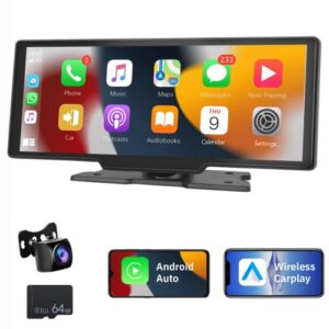 portable car stereo wireless apple carplay android auto with backup camera, 10.26" ips touchscreen gps navigation head unit, bluetooth, voice control, aux, 64g tf card, car radio receiver