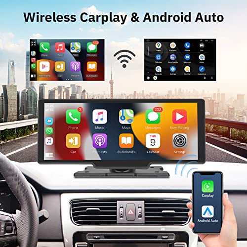 Portable Car Stereo Wireless Apple Carplay Android Auto with Backup Camera, 10.26" IPS Touchscreen GPS Navigation Head Unit, Bluetooth, Voice Control, AUX, 64G TF Card, Car Radio Receiver