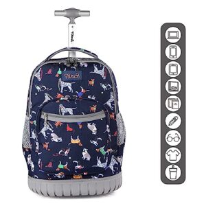 Tilami Rolling Backpack, 18 inch Shoulder Drop, Concealed Pockets and Wheel Cover, Roller Backpack for Boys and Girls (Dog Blue)