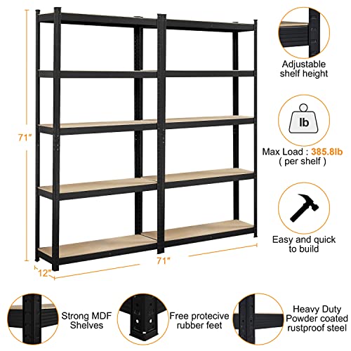 Topeakmart 2PCS Storage Shelves 5 Tier Adjustable Metal Shelving Unit Utility Shelves Garage Storage Racks for Warehouse Garage Pantry Kitchen- Black, 35.5 x 12 x 71 Inch