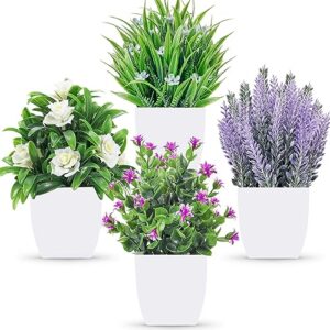 der rose 4 packs small fake plants mini artificial faux plants in pots for home office bedroom living room decor