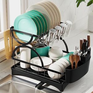 elerator dish drying racks for kitchen counter, large 2 tier dish rack with drainboard, rust-proof metal dish drainers with detachable cup holder, cutlery holder, cutting board holder.