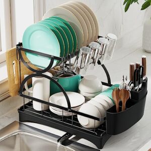 Elerator Dish Drying Racks for Kitchen Counter, Large 2 Tier Dish Rack with Drainboard, Rust-Proof Metal Dish Drainers with Detachable Cup Holder, Cutlery Holder, Cutting Board Holder.