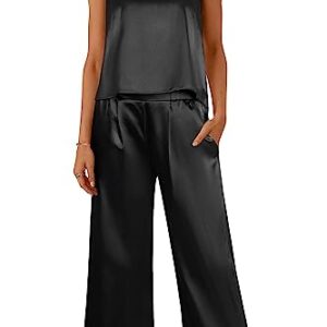 Ekouaer Silk Pajama Set for Women Satin Two Piece Short Sleeve and Long Pant Pajama Set Summer Sleepwear Silk Pj Sets Black S