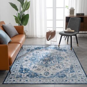 vipbed rug,washable area rug 5x7 for living room with anti-slip backing,ultra-thin vintage bohemian medallion area rugs, distressed carpet for indoor living room bedroom kitchen(blue,5'x7')