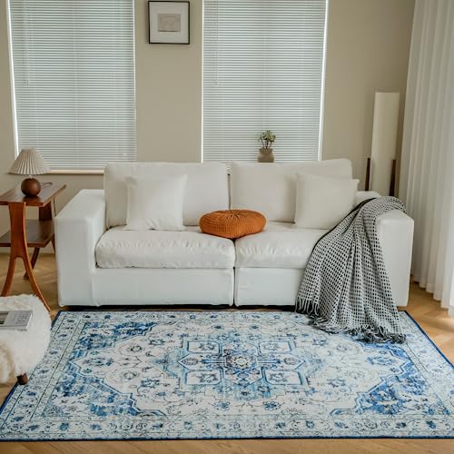 VIPBED Rug,Washable Area Rug 5x7 for Living Room with Anti-Slip Backing,Ultra-Thin Vintage Bohemian Medallion Area Rugs, Distressed Carpet for Indoor Living Room Bedroom Kitchen(Blue,5'x7')