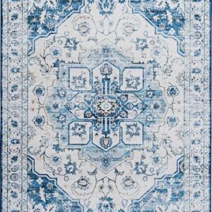 VIPBED Rug,Washable Area Rug 5x7 for Living Room with Anti-Slip Backing,Ultra-Thin Vintage Bohemian Medallion Area Rugs, Distressed Carpet for Indoor Living Room Bedroom Kitchen(Blue,5'x7')