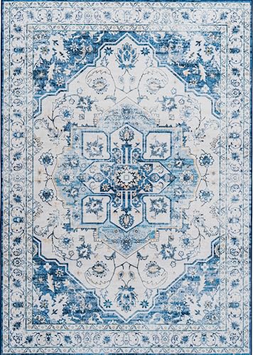 VIPBED Rug,Washable Area Rug 5x7 for Living Room with Anti-Slip Backing,Ultra-Thin Vintage Bohemian Medallion Area Rugs, Distressed Carpet for Indoor Living Room Bedroom Kitchen(Blue,5'x7')