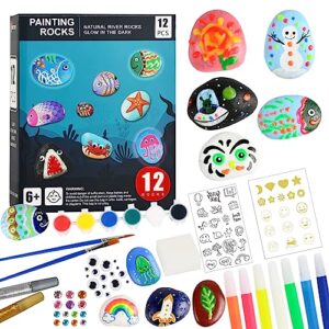 simetufy 12 rocks painting kit, glow in the dark rocks to paint, arts and crafts for kids, smooth flat rocks with art supplies, creative outdoors activity kit for boys girls, ages 4-6, 6-8, 8-12+