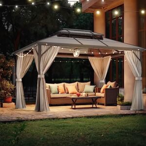 vingli 10’ x 13’ outdoor hardtop gazebo polycarbonate double roof canopy aluminum frame pavilion with curtains and netting patio gazebo