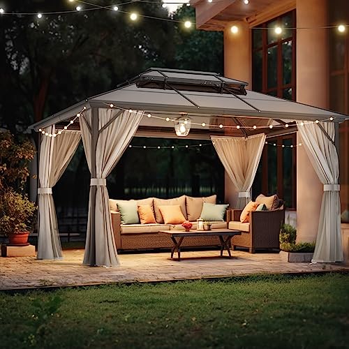 VINGLI 10’ x 13’ Outdoor Hardtop Gazebo Polycarbonate Double Roof Canopy Aluminum Frame Pavilion with Curtains and Netting Patio Gazebo