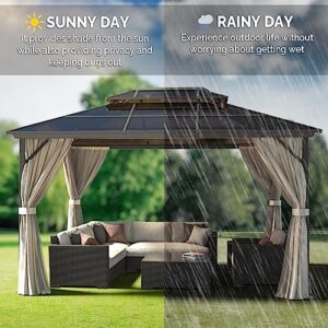 VINGLI 10’ x 13’ Outdoor Hardtop Gazebo Polycarbonate Double Roof Canopy Aluminum Frame Pavilion with Curtains and Netting Patio Gazebo