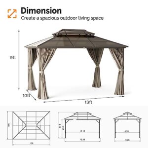 VINGLI 10’ x 13’ Outdoor Hardtop Gazebo Polycarbonate Double Roof Canopy Aluminum Frame Pavilion with Curtains and Netting Patio Gazebo