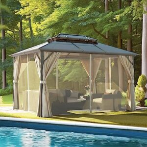 VINGLI 10’ x 13’ Outdoor Hardtop Gazebo Polycarbonate Double Roof Canopy Aluminum Frame Pavilion with Curtains and Netting Patio Gazebo