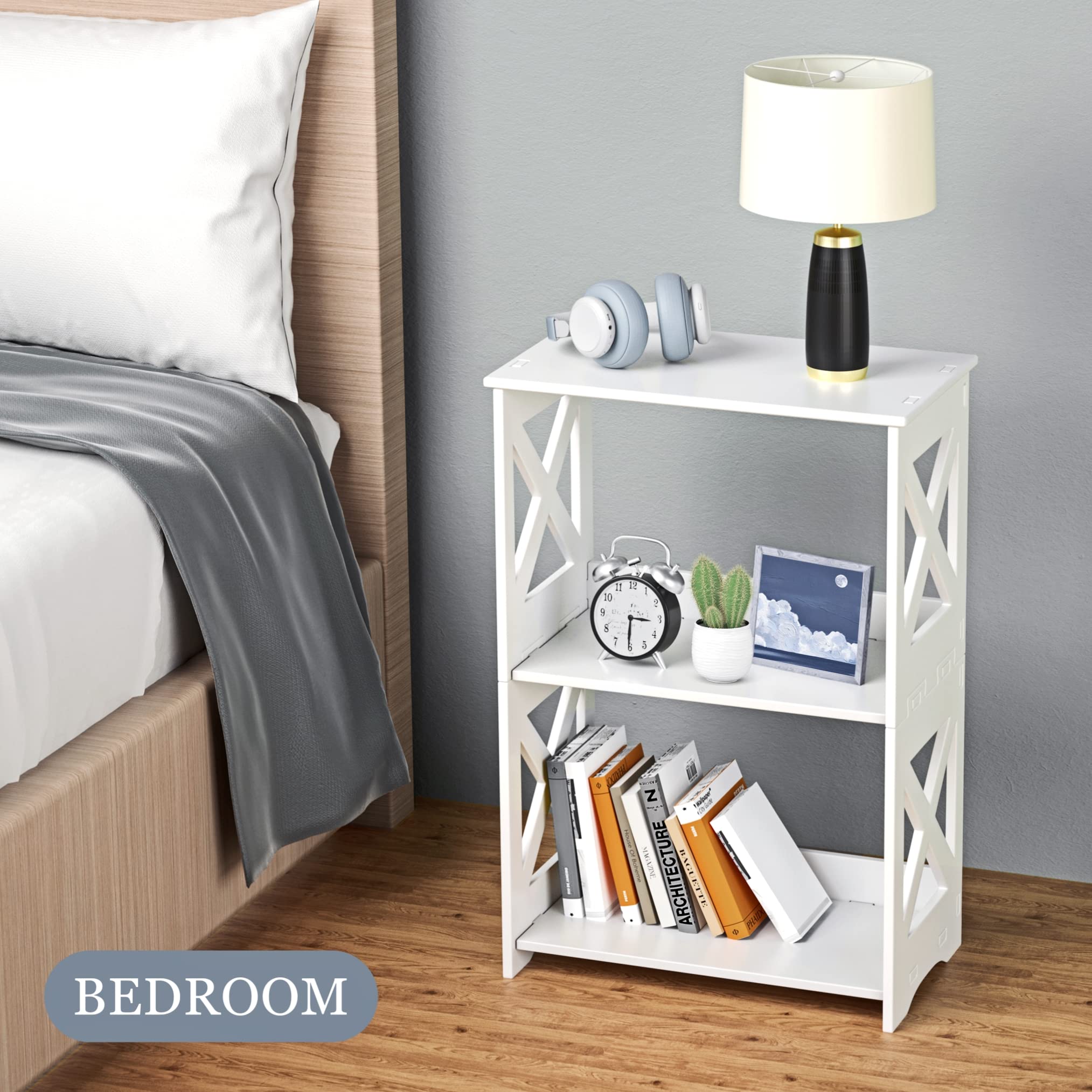 BYFU 3-Tier Side Table, Small End Table with Storage Shelf, White Nightstand Bedside Table Updated Bookshelf Bookcase Display Rack for Bedroom Bathroom Living Room Office