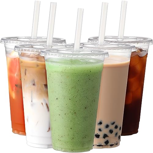 AOZITA [100 Sets] 24 oz Clear Plastic Cups With Lids and Straws, Disposable Cups With Lids for Iced Coffee, Smoothie, Milkshake and Cold Drinks