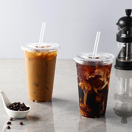 AOZITA [100 Sets] 24 oz Clear Plastic Cups With Lids and Straws, Disposable Cups With Lids for Iced Coffee, Smoothie, Milkshake and Cold Drinks