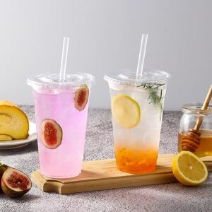 AOZITA [100 Sets] 24 oz Clear Plastic Cups With Lids and Straws, Disposable Cups With Lids for Iced Coffee, Smoothie, Milkshake and Cold Drinks