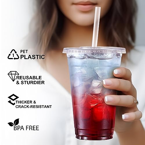 AOZITA [100 Sets] 24 oz Clear Plastic Cups With Lids and Straws, Disposable Cups With Lids for Iced Coffee, Smoothie, Milkshake and Cold Drinks