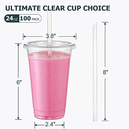 AOZITA [100 Sets] 24 oz Clear Plastic Cups With Lids and Straws, Disposable Cups With Lids for Iced Coffee, Smoothie, Milkshake and Cold Drinks