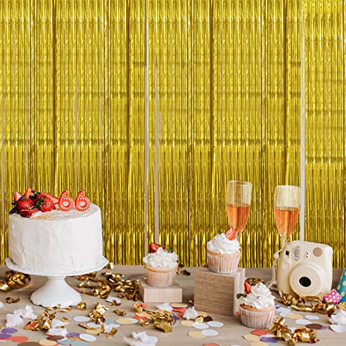 Liatinbo 3.3x8.2 Feet Gold Backdrop Curtain for Party Decor,Tinsel Streamer Backdrop Curtains,Foil Fringe Backdrop for Birthday,Graduation Decorations,Parties, Photo Booth Backdrops (3 Pcs, Gold)