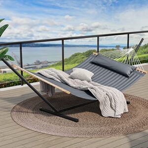 yitahome hammock with stand included hammock heavy duty hammocks with 12ft steel stand waterproof poratble freestanding hammock with pillow 450lbs for outdoors,backyard, patio-gray