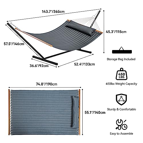 YITAHOME Hammock with Stand Included Hammock Heavy Duty Hammocks with 12FT Steel Stand Waterproof Poratble Freestanding Hammock with Pillow 450lbs for Outdoors,Backyard, Patio-Gray