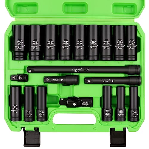 SWANLAKE 1/2" Impact Socket Set, 20-Piece 6 Point Impact Set,Metric (10mm - 24mm) Standard Impact Socket Set, Cr-V, Deep Socket Set 1/2 Drive