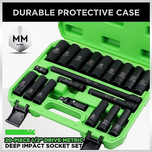 SWANLAKE 1/2" Impact Socket Set, 20-Piece 6 Point Impact Set,Metric (10mm - 24mm) Standard Impact Socket Set, Cr-V, Deep Socket Set 1/2 Drive