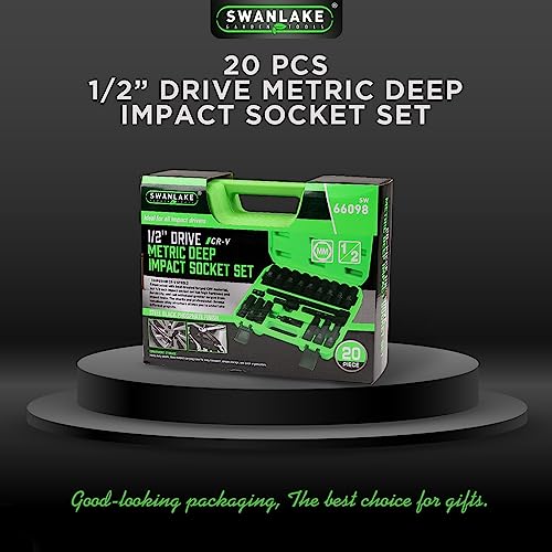 SWANLAKE 1/2" Impact Socket Set, 20-Piece 6 Point Impact Set,Metric (10mm - 24mm) Standard Impact Socket Set, Cr-V, Deep Socket Set 1/2 Drive