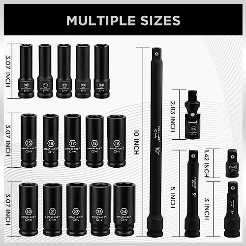 SWANLAKE 1/2" Impact Socket Set, 20-Piece 6 Point Impact Set,Metric (10mm - 24mm) Standard Impact Socket Set, Cr-V, Deep Socket Set 1/2 Drive