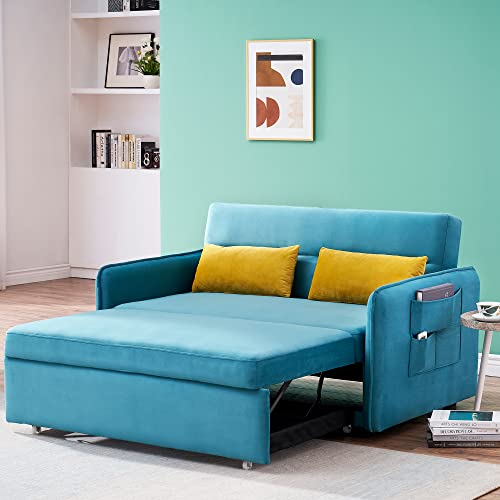 Merax 54" Velvet Pull Out Sleep Sofa Bed,Blue Green Velvet Sleeper Bed with Two Pillows,Loveseats Sofa Couch with Adjustable Backrest for Living Room Small Spaces