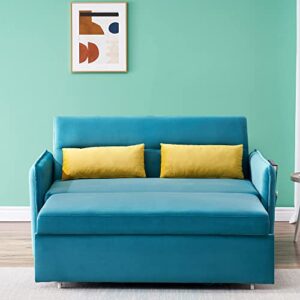 Merax 54" Velvet Pull Out Sleep Sofa Bed,Blue Green Velvet Sleeper Bed with Two Pillows,Loveseats Sofa Couch with Adjustable Backrest for Living Room Small Spaces