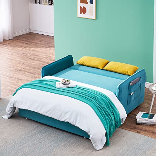 Merax 54" Velvet Pull Out Sleep Sofa Bed,Blue Green Velvet Sleeper Bed with Two Pillows,Loveseats Sofa Couch with Adjustable Backrest for Living Room Small Spaces